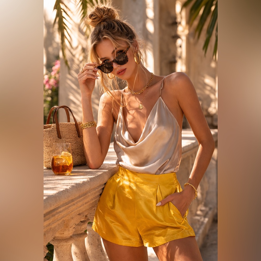 For Love & Lemons Drew Satin Pleated Gold High Waist Shorts New With Tags Small